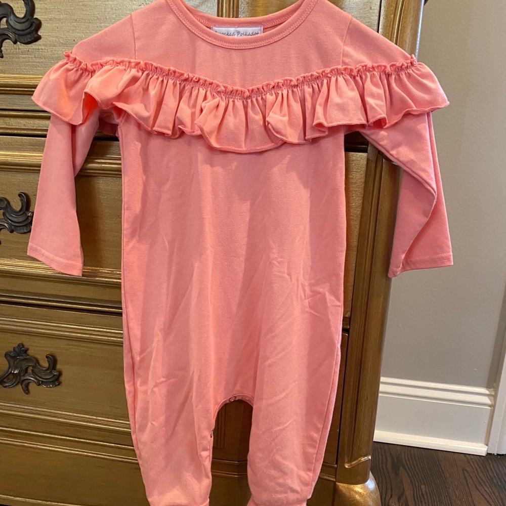 Smocked Polkadot Peach Knit Ruffled Onesie 18mo
